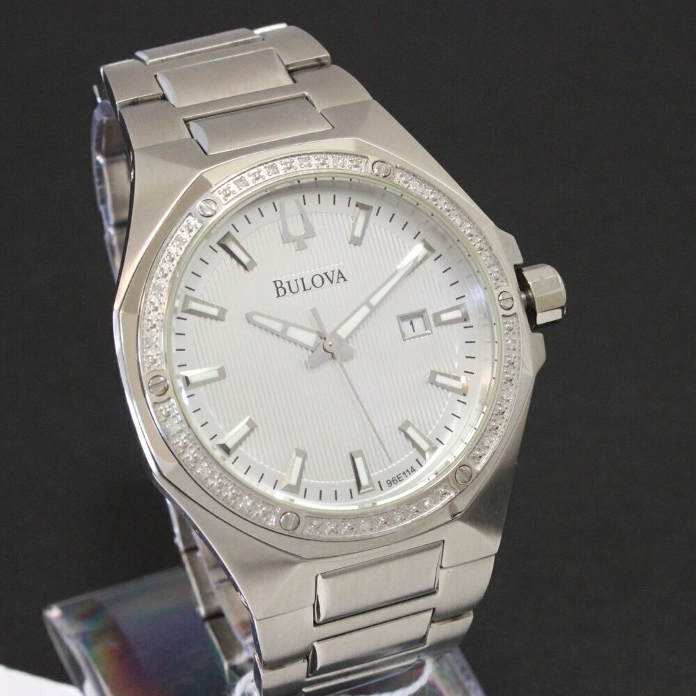 Bulova Men's Watch Diamond-Accent Bezel Integrated Bracelet Silver Textured Dial - Picture 2 of 15